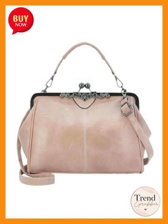 Handbags - Vintage Kiss Lock Satchel - Faux Leather Crossbody Bag for Women, Evening Clutch